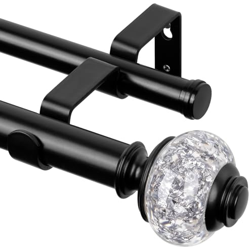 1 Inch Black Double Curtain Rod for Windows 66 to 120 Inches (5.5 to 10 Ft), USFOOK Adjustable Curtain Pole, Crystal Window Treatment Rods for Sliding Glass Door, Wall mounted