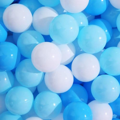 PlayMaty 100 bunte Pit Bälle, frei von Phthalaten und BPA, aus crushfestem Kunststoff-Material, ideal als Stressbälle für Kinder Spielhäuser oder Pool Ball Pits, 2.16 Zoll groß (Blau-Weiß)
