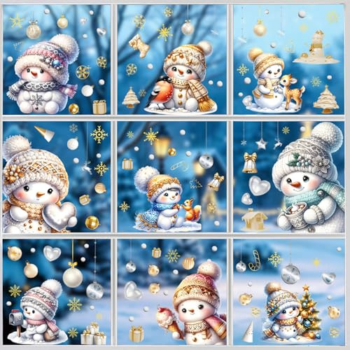 AivaToba 9 Stück Fensterbilder Weihnachten Schneemann Schneeflocken Weihnachtsdeko Fenster Wiederverwendbar Selbstklebend Pvc Static Fensterfolie