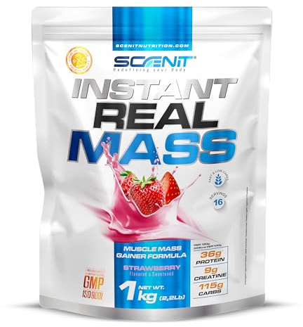Instant Real Mass - 1 kg - Mass Gainer - Weight Gainer - Mass Gainer Protein - Gainer Kohlenhydrate Pulver - Gainer mit Creatin (1 kg, Erdbeere)