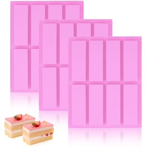Chocolate Bar Moulds, 3 Pcs Rectangle Silicone Mould, 8 Cavity Nutrition Energy Cereal Bar Moulds Large Rectangle Granola Bar Silicone Mould for Protein Candy Fudge Bars(Pink)