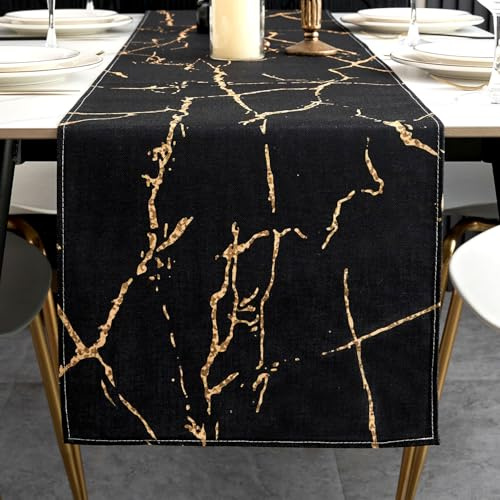 ViaElayu Tischläufer Modern Schwarz Gold Marmor Textur Abstrakte Abwaschbar Outdoor Frühling Landhausstil Vintage Bauernhaus Rechteckige Tischdecke Küche Tisch Läufer Party Deko 33x183 cm