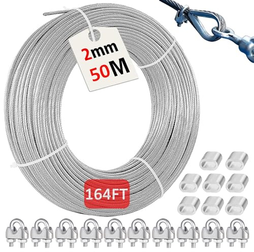 Eachans 2mm 50m Edelstahl Drahtseil, Ummantelt Stahlseil mit 10 Drahtseilklemme für Kletterpflanzen, Wäscheleine, Gardinenseil, 304 Edelstahlseil für Hängeleuchten, Lichter & Outdoor Anwendungen