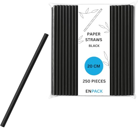 Enpack Papierstrohhalme 21cm/Ø8mm - perfekt für Bubble Tea, Cocktails, Dosen & Kinderpartys – Nachhaltige Strohhalme in Weiß, Gelb, Schwarz, Braun – Umweltfreundliche Papier Strohhalme (250, Schwarz)