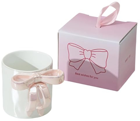 Huipalon Charming Pink Bow Mug for Women Ceramic Coffee Mug with Pink Bow Handle 350ml Large Bow Cup