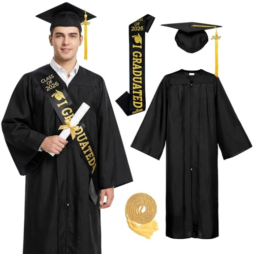 Joyesplay Graduation Gown and Cap Black,Graduation Gown with Bachelor Hat Graduation Sash Stole Tassel Black Graduation Gifts for Unisex Adults University