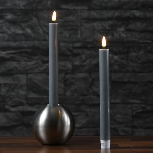 MARELIDA LED Stabkerzen Echtwachskerzen Deluxe Homeart Dinnerkerzen Tafelkerzen mit realistischer 3D Flamme Spitzkerzen für Innen grau (2 Stabkerzen 24cm)