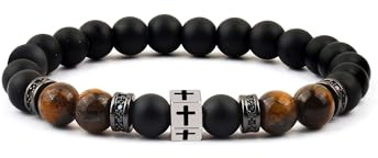 TOLOWOBK Kreuz Armband Herren Tigerauge Perlenarmband Männer Jungen Naturstein Perlen Armband Schwarz Christliche Schmuck Einschulung Taufe Weihnachten Geburtstag Geschenke für Sohn Enkel Bruder