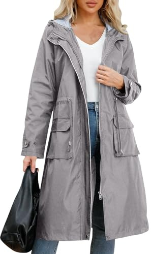 FUPODD Regenjacke Damen Lang Wasserdicht Regenmantel Mit Kapuze Übergangsjacke Winddicht Trenchcoat Outdoor Mantel Atmungsaktiv Windbreaker Jacke Für Frauen Leichte Regenparka Wandern Funktionsjacke