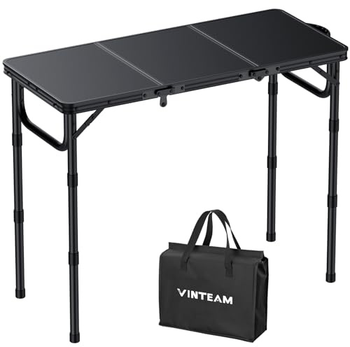 VINTEAM Mesa de Camping Plegable con 3 Alturas Ajustables(26/48/70cm) Mesa Plegable Playa 87x40cm Tablero de Densidad MDF para Acampar, Pesca, RV, Playa, Jardín-Negro