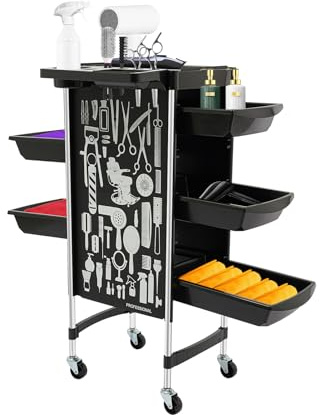 Carro de peluquería, carrito de peluquería, carrito de trabajo, con bandeja extraíble, para salón de belleza, peluquería, peluquería, carrito de trabajo con 5 cajones