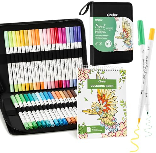 Ohuhu Marker 40 & Malbuch Set ohne Abblättern & Durchdrücken zum Entspannen | 40 Papierfreundliche Stifte & 230g No-Bleed Aquarellblock Doppelspitze Pinsel & Fein Tragbare Tasche Ideal als Geschenk