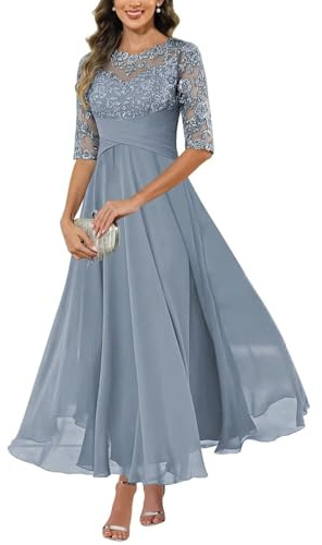 KIYNE Vestido de gasa con apliques de encaje para mujer para madre de la novia, vestido de fiesta formal con cuello redondo y cuello redondo, Dusty Azul, 42