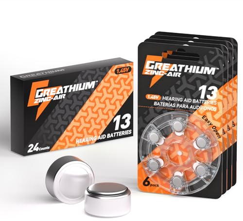 Greathium Hearing Aid Batteries Size 13, 24 Pack, 1.45v Zinc Air, Easy Open & Longest Lasting