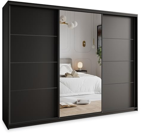 Masseno Schwebetürenschrank VARO 270/205/60 cm Kleiderschrank mit Schubladen Schlafzimmer Schiebetürenschrank 3-türig mit Spiegel Schwarz + Schwarz
