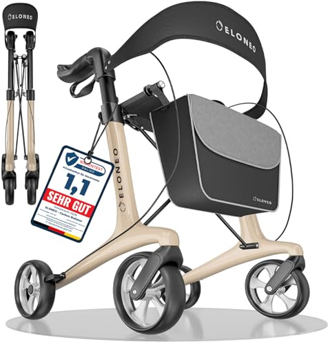 Carbon Rollator faltbar und leicht mit Sitz, Leichtgewicht-Reiserollator ultraleicht 5,1 kg, Gehhilfe für Senioren 9-fach höhenverstellbar, Laufhilfe faltbar für Kofferraum, mit Tasche