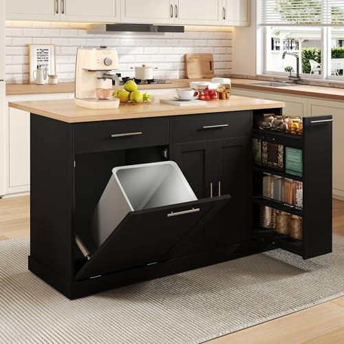 Merax Isola da cucina autoportante con pattumiera, carrello da cucina con ruote, mobile da cucina con piano di lavoro pieghevole, 4 scaffali per spezie, 2 cassetti, per cucina, 120 x 70 x 93,5 cm