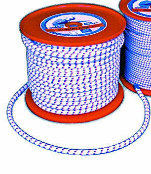SEILFLECHTER Gummiseil 5 mm hochelastisch, Weiss Tupfen rot/blau, 200 Meter auf Spule