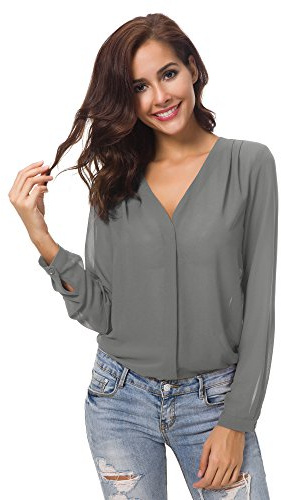 Urban GoCo Donne Camicette Manica Lunga Pieghe Chiffon con Scollo V Colore Puro Camicia Blusa Grigio S