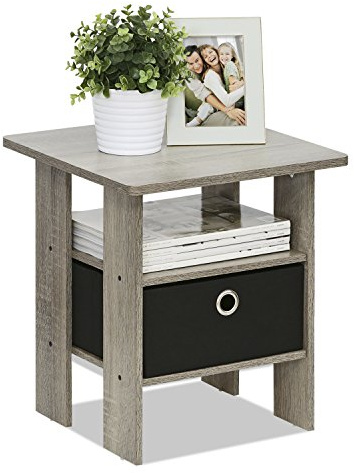 Furinno ANDREY Side Table, End Table, Night Stand with Open Shelves and Storage Bin, Bedside Table, for Living Room, Bedroom, French Oak