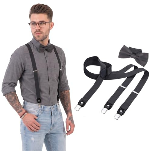 DonDon Hosenträger und Fliege Set für Damen und Herren, Y-Form, 2,5 cm breit, handgefertigt - Elegantes Accessoire für Hochzeit, Party, Smoking, Grau