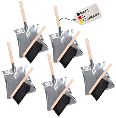 5x Kehrgarnitur Handfeger Set weiche Kunsthaar Borsten Kehrschaufel | 5 Stück im Set, Weiche Kunsthaar-Poly-Borsten, Buchenholz-Handbesen 280mm, Metallschaufel mit Holzgriff