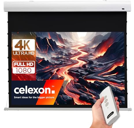 celexon HomeCinema Tension-Motor-Leinwand 100 | 220x124 cm 16:9 | elektrische 4K, Full-HD Beamer-Projektions-Leinwand mit Seilspannsystem für eine ebene Planlage | zur Decken-/Wand-Montage