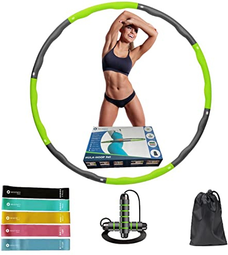 MAXIMIO GRÜN Hula Hoop Reifen für Erwachsene, Wiederstandsbänder, Springseil, Set Tasche