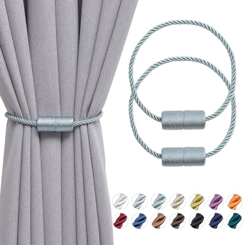 Pretty Jolly Magnetic Curtain Tiebacks | Handmade weave cylinder holdbacks, decorative side‑rope tiebacks for home & office windows, 16 Inch, 2 Pack, Blue-grey