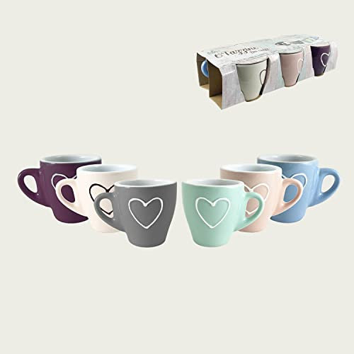 Maison Tortorà Tazzine da Caffè Particolari | Set da 6 Tazze in Ceramica con Decoro Cuore | Colori Assortiti | Manico Pratico e Comodo | | 6,5x6 cm