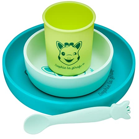 Sophie la Girafe - Set da pasto Sopie la Girage in Silicone - 1 piatto, 1 ciotola, 1 bicchiere e un cucchiaio lavabile in lavastoviglie e forno a microonde