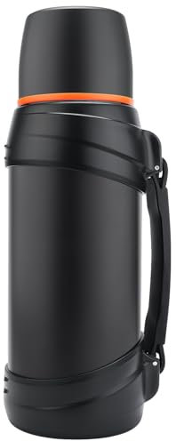 Olerd Thermosflasche Thermoskanne 2.0L, Isolierkanne Edelstahl Trinkflasche, Isolierflasche mit 2 Trinkbecher, Doppelwandisolierung Camping Wasserflasche, 24h Heiß & Kalt (Schwarz)