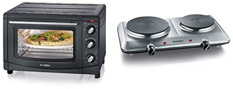 SEVERIN Back- und Toastofen mit Umluftfunktion, Mini Backofen, Heißluftofen mit 20 L Kapazität, 1.500 W, schwarz & Doppel Kochplatte, Campingkocher für zwei Töpfe,Edelstahl, 2.500 W, 46X29X7,7 cm