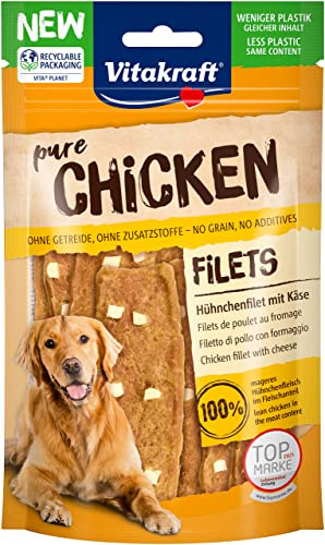 Vitakraft Pure Chicken Filets, Hundeleckerli, Hühnchenfilet mit Käse, Hunde Trainingsleckerli, ohne Zusatz von Zucker (1x 80g)