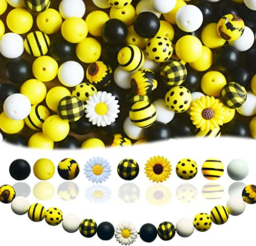 128 Stück Perlen Set Silikonperlen für Schlüsselanhänger, 15mm Silikon Runde Perlenset Sonnenblume Gelb Blume Ketten Selber Machen Set, Perle für Diy Halskette Armband Schlüsselbund Schmuck Zubehör