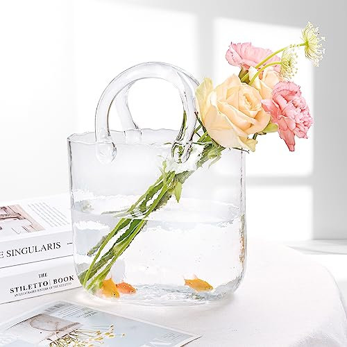 Yorkmills Glass Purse Vase for Flowers, Spring Decor, Clear Centerpiece, Handbag Vase for Table, Small Fish Bowl Flower Vase, Modern Home Decor