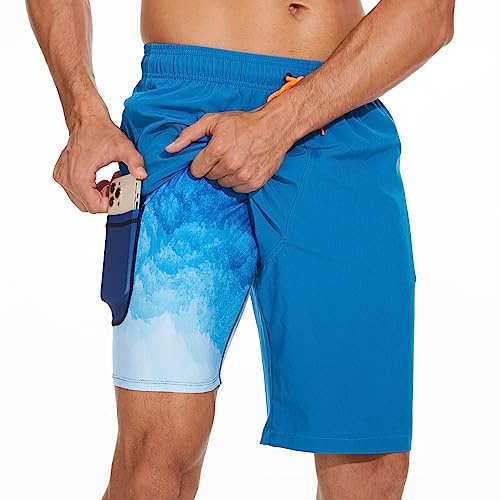 Arcweg badshorts för män långa badbyxor med kompressionsfoder 2 i 1 simshorts med blixtlåsfickor herr badbyxor snabbtorkande dubbelskikt, Påfågelblå+landskap, XL
