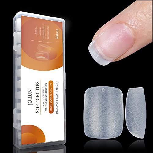 360 Pcs Extra Short Square Gel False Nail Tips, Clear Soft Gel Full Fover Nail Tips,Suitable for Salon or Home DIY -15 Sizes