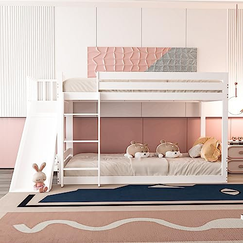 GBHJJ Kinder Etagenbett/Hochbett, Buche massiv, mit oder Rutsche und Regal, Etagenbettrahmen, Spielbett, Jugendbett, Etagenbett, ohne Matratze(Farbe: Weiß lackiert),White