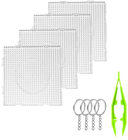 4 PCS Plaque Perle a Repasser, Transparentes Carrée Assemblable pour Enfant Artisanat Perles avec Pincettes à Perles, et Porte Clés(14,5 x 14,5 cm)
