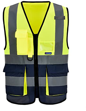 AYKRM Chaleco de seguridad Reflectante Alta visibilidad Ropa de trabajo Cremallera Multibolsillos Amarillo Azul marino