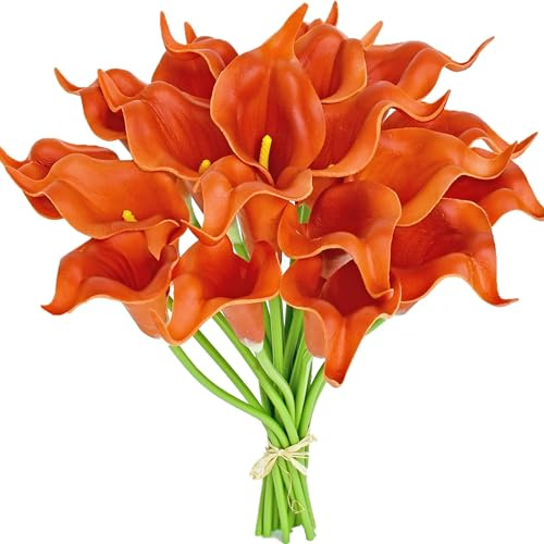 Mandy's PU Burnt Orange Calla Lily Artificial Flowers 20 Stems 13.5in Faux Realistic Centerpiece for Valentine's Day and Easter Decorations DIY Bridal Bouquet Home Décor