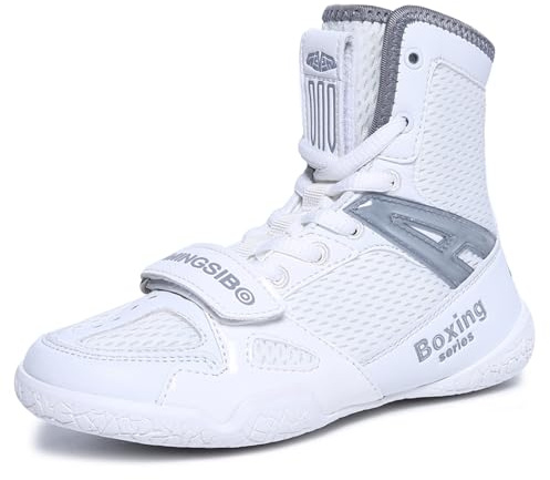 MINGSIBO Zapatos de Boxeo para Hombre, Zapatos de Lucha Libre, Boxeadores, Transpirables, Boxeo, Artes Marciales, atléticos, Fitness, Culturismo, Blanco Gris Boxing, 42 EU