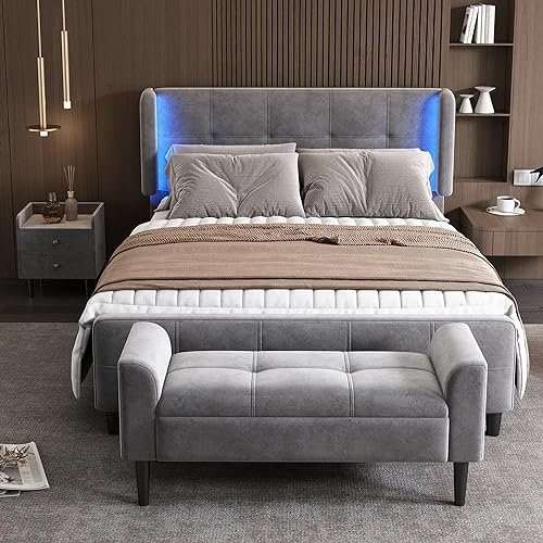 ZYLOYAL10 Komplettschlafzimmer Set, Modernes Design Polsterbett, Doppelbett mit 16-farbigen Lichtleisten an den Seitenohren, Samt (1x Nachttisch + Betthocker, Grau - 140x200 cm)