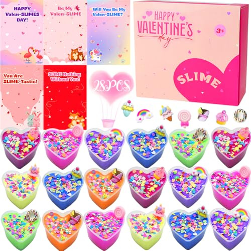 Valentines Day Clay Kit with Cards, 28 Pack Valentine Butter Slime, DIY Dough Toys for Kids Valentines Classroom Exchange Cards, Valentine's Party Favor Goodie Bag Stuffers