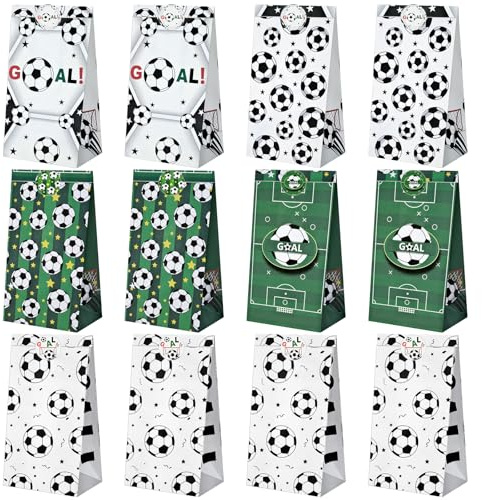 12 Stück Geschenktüte fußball Geburtstagstüten Fussball Party Tüten | Fußball Papiertüten mit 24 Aufkleber Geeignet für Geschenktaschen Fussball Mitgebsel Jungen Fußball Kindergeburtstag