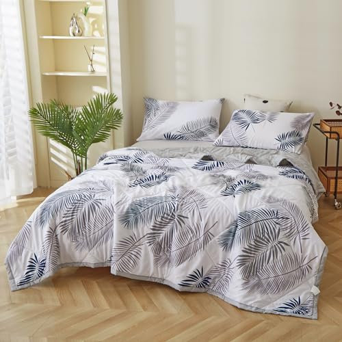 Piumino Estivo, Morbida e Traspirante Trapunta Reversibile in Microfibra- Coperta da Divano Anallergico, per Camera da Letto Copriletto Trapuntato Singolo Matrimoniale letto (Foglie estive, 180*200CM)