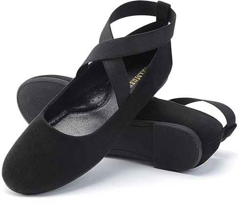 MaxMuxun Damen Ballerinas Elegante Flache Schuhe mit elastischem übergekreuzten Riemchen Bequeme Ballerina Schuhe Schwarz Wildleder 38 EU