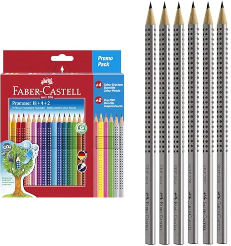Faber-Castell 201540 - Buntstifte Set für Kinder und Erwachsene & 117697-6 Bleistifte GRIP 2001, Härtegrad: HB, Schaftfarbe: silber