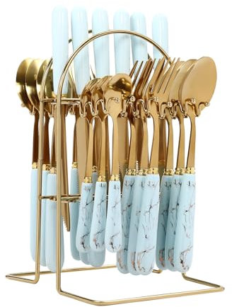 Charocean 24 Piece Cutlery Set Hanging Cutlery Set with Stand, Service for 6, Flatware Set, Stainless Steel Dinner Sets, Mirror Polished Tableware Set for Home Kitchen, Dishwasher Safe (Blue)
